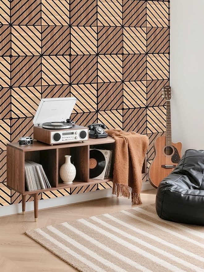 WoveN SounD Artisan Acoustic Wall Panels, 16 Pack 12x12 Inch, Wood Veneer Carved Sound Proof Wall Decor, Self-Adhesive for Home, Studio, Office & Focus Zones, Twill Pattern, Teak