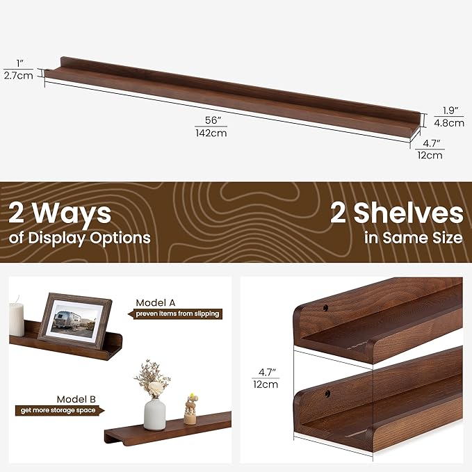 Picture Ledge Shelf | 55 Inch Wood Floating Shelves Set of 2 | Dark Wood Wall Shelves with Lip | Picture Shelf for Wall with Ledge | Photo Ledge Shelves