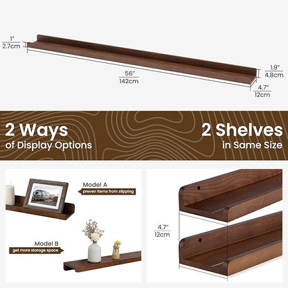 Picture Ledge Shelf | 55 Inch Wood Floating Shelves Set of 2 | Dark Wood Wall Shelves with Lip | Picture Shelf for Wall with Ledge | Photo Ledge Shelves