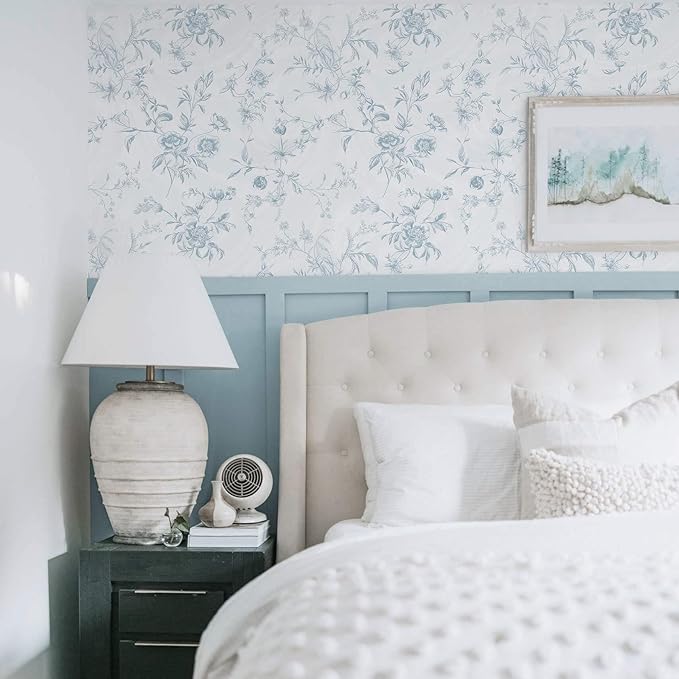 Ismoon Blue Wallpaper Peel and Stick Floral Vintage Stick on Wall Paper French Textured Contact Paper for Cabinet Removable Self Adhesive Wallpaper Vinyl Roll Shelf Deco, 17.3x393in