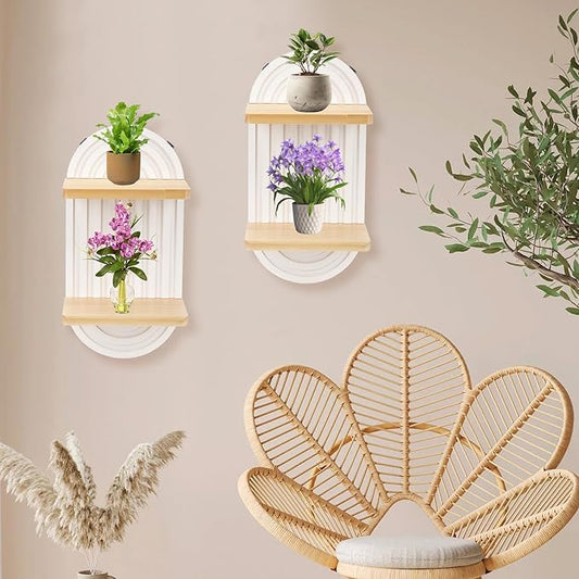 2 Pcs Modern Boho Wooden Rainbow Wall Shelves Shelf Decor, Wood Wall Mount Book Shelf, Floating Shelves for Living Rooms Bathroom Wall Decor Display (03)