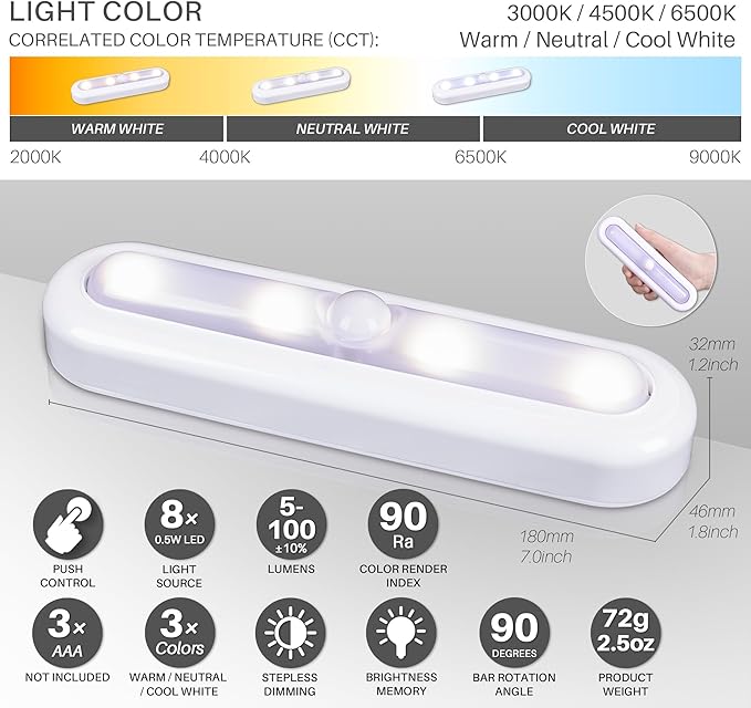 STAR-SPANGLED 3 Pack 7” Dimmable Push Tap Lights, Stick on LED Touch Lights AAA Battery Operated for Kitchen, Closet, Under Cabinet, 3 Color Modes