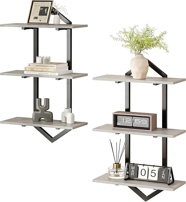 3 Tier Floating Shelves, Set of 2 Wall Shelves for Living Room, Modern Geometric Wooden Shelf for Wall Decor, Hanging Storage Shelf for Bedroom Bathroom Kitchen Home Office (Greige + Black)