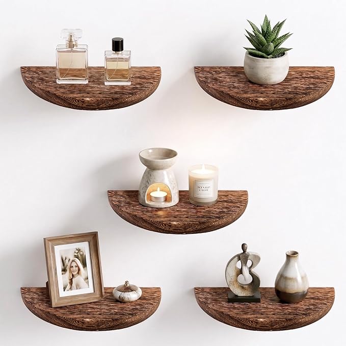Solid Wood Half Round Floating Shelves, Elegant Floating Shelves, 8.27 Inch Small Wall Mounted Floating Corner Shelves for Living Room, Bedroom, Bathroom, Office. Dark Brown Floating Shelves, Set of 5