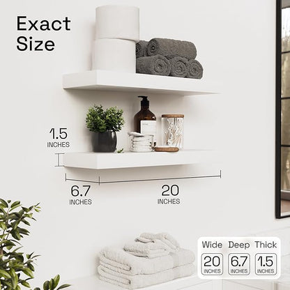 BAOBAB WORKSHOP Wood Floating Shelves for Wall 20 Inch, Solid Real Wooden Bathroom Shelf White Thick, Heavy Duty Wall Shelf Mounted 20 Kitchen Bedroom Rustic, White Finish, 20W × 6.7D, Set of 2