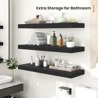 Heimlove 12 Inch Deep Floating Shelves, 12 x 12 inches Long Wall Shelf, Large Extra Display Shelf & Storage Shelf, Rustic Wood Wall Shelves for Fireplace Mantel, Black - 2Pack