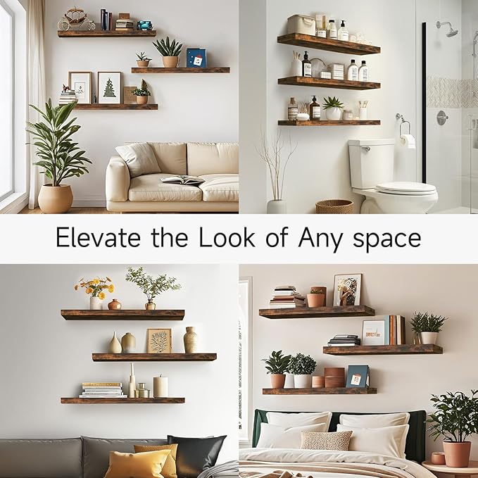 BAYKA Floating Shelves for Wall, 36 inches Wall Mounted Wood Shelves for Bathroom, Bedroom, Living Room, for Storage/Decor with 30lbs Capacity - Rustic Brown,Set of 3