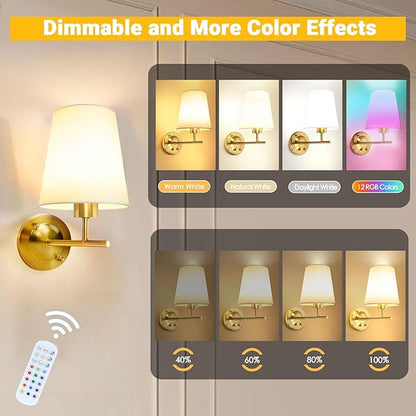 Battery Operated Wall Sconce Set of Two with Remote and Dimmable LED Bulbs, 12 Colors Cordless Rechargeable Wall Lights with Timer, Gold Wireless Wall Lamps for Bedroom Living Room Hallway Entryway