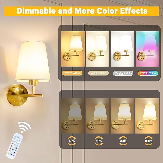 Battery Operated Wall Sconce Set of Two with Remote and Dimmable LED Bulbs, 12 Colors Cordless Rechargeable Wall Lights with Timer, Gold Wireless Wall Lamps for Bedroom Living Room Hallway Entryway