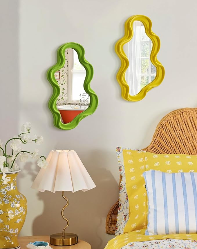 Wavy Wall Mirror Decor for Girly Bedroom Classroom, 16x10 Small Cute Abstract Decorative Mirrors Art Above Dresser Desk Table Decor, Funky Modern Apartment Nursery Room Decoration (Yellow)