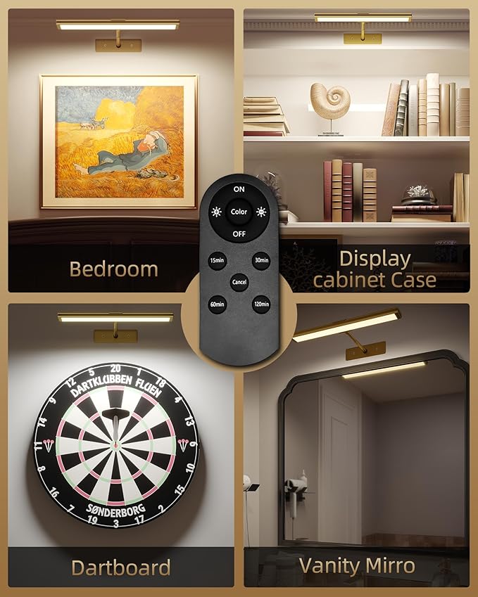 EZVALO Picture Light for Wall, 4800mAh 13'' Rechargeable Wireless Lights with IR Remote, Dimmable Magnetic LED Art Display Light with 3 Color Temp, for Gallery, Living Room, Bedroom(Gold-2Pack)