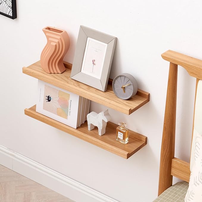 Oak Floating Shelves Natural Wood Wall Mounted Display Picture Ledge for Home Office Living Room Bedroom Storage 6X12 Inch