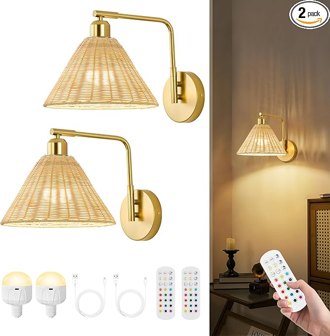 Rattan Rechargeable Wall Sconce Set of 2, Gold Battery Operated Wall Lights with Remote, Hand Woven Boho Sconces Swing Arm Wireless Wall Lamp for Bedroom, Living Room, Hallway Decor