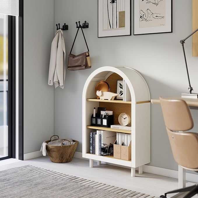 3-Tier Arched Bookcase,Modern Low Short Bookshelf,Small Wood Open Display Shelf,Arched Storage Cabinet for Living Room,Bedroom,Home Office,White