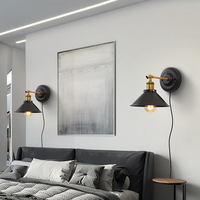 Lightess Plug in Wall Sconces Set of 2, Vintage Plug in Wall Light with 6FT On/Off Switch, Rotatable Mounted Lamps for Bedroom Living Room