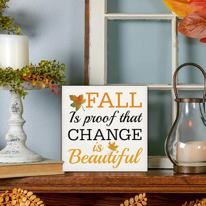Rustic Autumn Wood Box Sign, Fall Artwork for Shelf Decoration, Rustic Home Decor, Fall is Proof that Change is Beautiful Sign Wooden Plaque 5 * 5inch