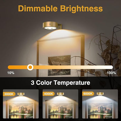 3Pack Wireless Picture Light,Battery Operated Painting Light with Remote,Magnetic Timer Display Art Lamp for Wall,Dimmable Picture Frame Light for Frame Artwork,Wall Decor Puck Lights-Gold