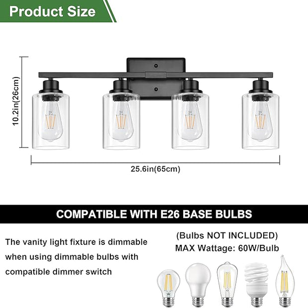 Ascher Bathroom Light Fixtures, 4-Light Vanity Lights with Clear Glass Shade, Modern Black Finish Wall Light for Mirror Bedroom Hallway Cabinet Porch
