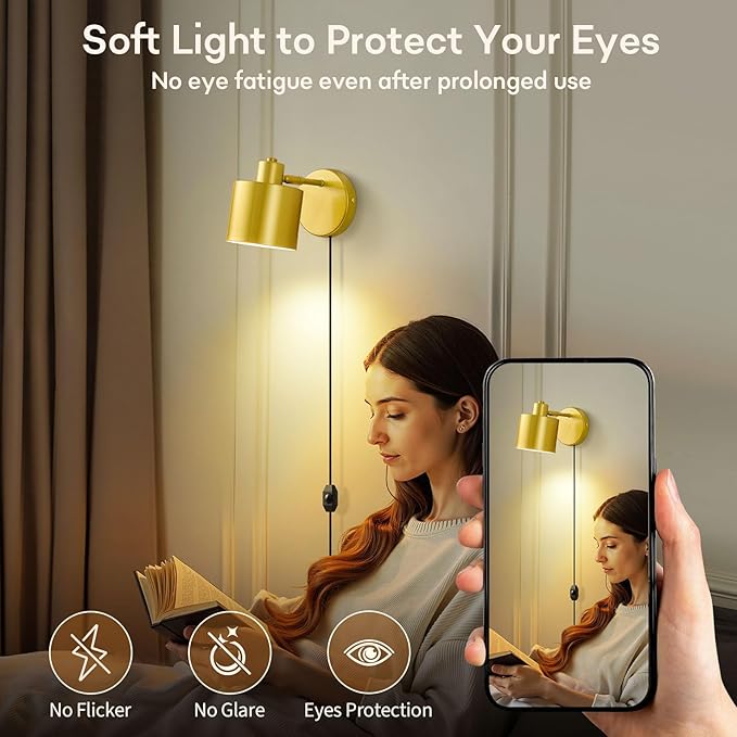 Lightess Plug in Wall Sconce with Switch, Dimmable Wall Lamp Plug in 350° Rotatable, Gold Wall Mounted Light for Restaurants Living Room Bedroom Stairway((Bulb Not Included)