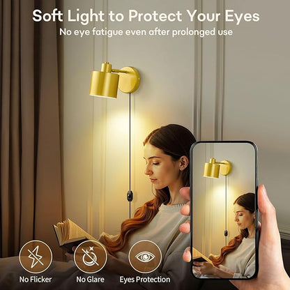 Lightess Plug in Wall Sconce with Switch, Dimmable Wall Lamp Plug in 350° Rotatable, Gold Wall Mounted Light for Restaurants Living Room Bedroom Stairway((Bulb Not Included)