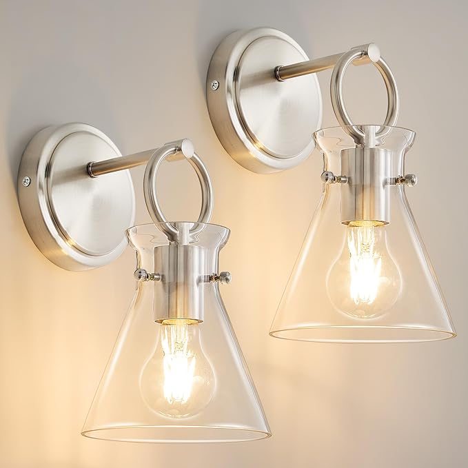 Wall Sconces 2 Pack Modern Vanity Light Fixtures for Bathroom Nickel Wall Mount Lighting Lamp Hardwired Farmhouse Wall Lights with 6 Inch Clear Glass Shade for Bedroom Living Room Mirror