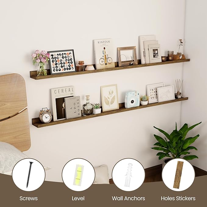 Axeman Floating Shelves | Picture Ledge Shelf Set of 2 | Rustic Brown Wall Shelves with Lip | Brown Picture Shelf for Wall with Ledge | Photo Ledges 55 Inch