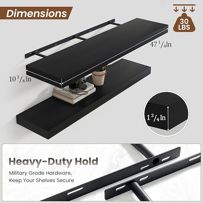 Heimlove Floating Shelves for Wall 48 Inch Long,Extra Large and Thick Wood Shelves Mounted Storage Hanging Shelf Invisible Bracket for Bedroom,Living Room,Kitchen,Office,Black