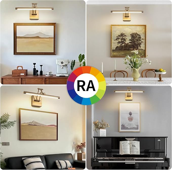 Hard-Wired Picture Light Dimmable LED Picture Lights for Paintings 15.7 Inch Brass Metal Body Wall Pictures with Adjustable Gold Swing Arm Art Display Lamps 7W 3000K Warm White Book Light