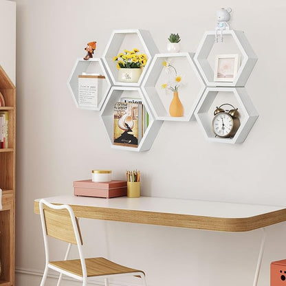 Hexagon Floating Shelves Set of 6 Wood Honeycomb Shelves Wall Mounted Farmhouse Storage Honeycomb Wall Shelf Hexagonal Decor Shelf with Hanging Hardware for Bedroom Living Room Kitchen, White MDF