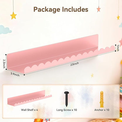 Floating Shelves for Wall, 23 Inch Metal Nursery Book Shelves 4 Pack, Wall Mounted Book Shelf for Kids Room, Bedroom, Bathroom, Playroom Decor (Pink)