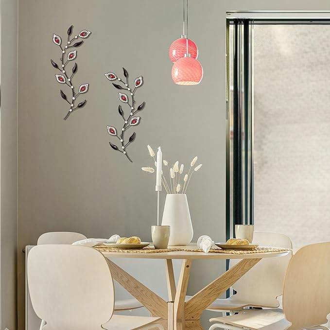 sxnzequnze 2 Pcs Metal Leaf Wall Art Crystal Bling Decorations Silver Leaves 3D Iron Handmade Home Decor Hanging Minimalist Accents Modern Set for Living Room Bathroom Bedroom Dining Room Hallway
