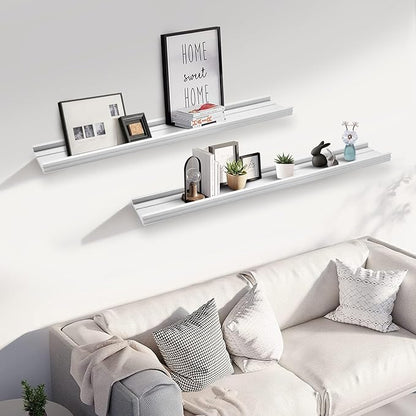 Muzilife 35.4 Inch Large Floating Shelves - Set of 2 Rustic Wood Floating Shelves - Wall Mounted Long Picture Ledge for Bathroom, Bedroom, Living Room, White, U Shape