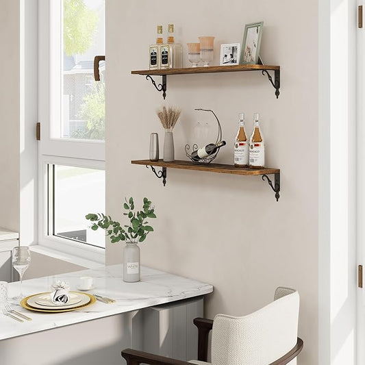 RICHFOCUS Floating Shelves for Wall Decor, 31.5W x 8D Shelves Set of 2, 8" Deep Rustic Wood Floating Shelves Wall Mounted with Brackets, Shelves for Living Room Bedroom Kitchen, Rustic Brown