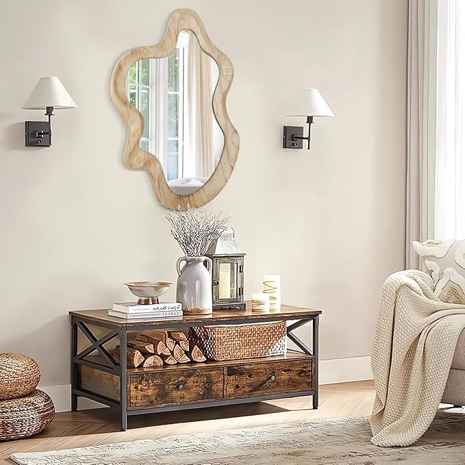 Large Asymmetrical Wall Mirror Irregular Wood Frame Mirror Modern Unique Wall-Mounted Artistic Wavy Mirror Decor Bathroom Vanity Bedroom Living Room Entryway Hallway 21.6"x15" Natural