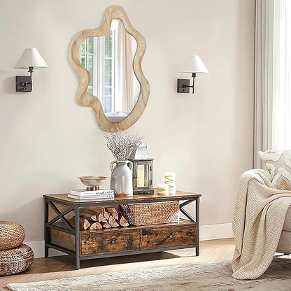 Large Asymmetrical Wall Mirror Irregular Wood Frame Mirror Modern Unique Wall-Mounted Artistic Wavy Mirror Decor Bathroom Vanity Bedroom Living Room Entryway Hallway 21.6"x15" Natural