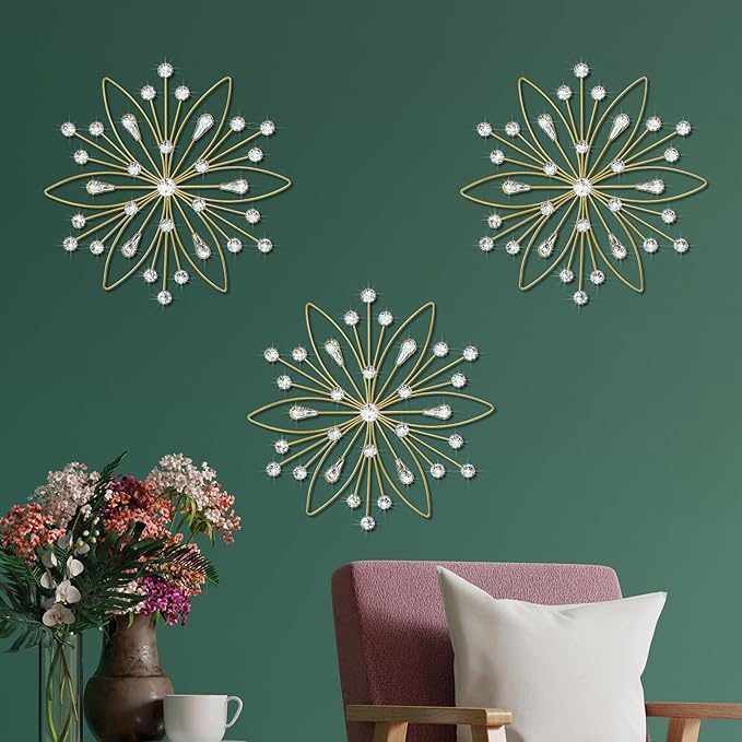 ZEXUIRU 3 Pack Gold Sunburst Wall Decor – Metal Crystal Wall Art with Sparkling Rhinestones, 14’’/18 Inch Starburst Wall Hanging Set for Living Room Bedroom Bathroom – Modern Bling Home Decorations