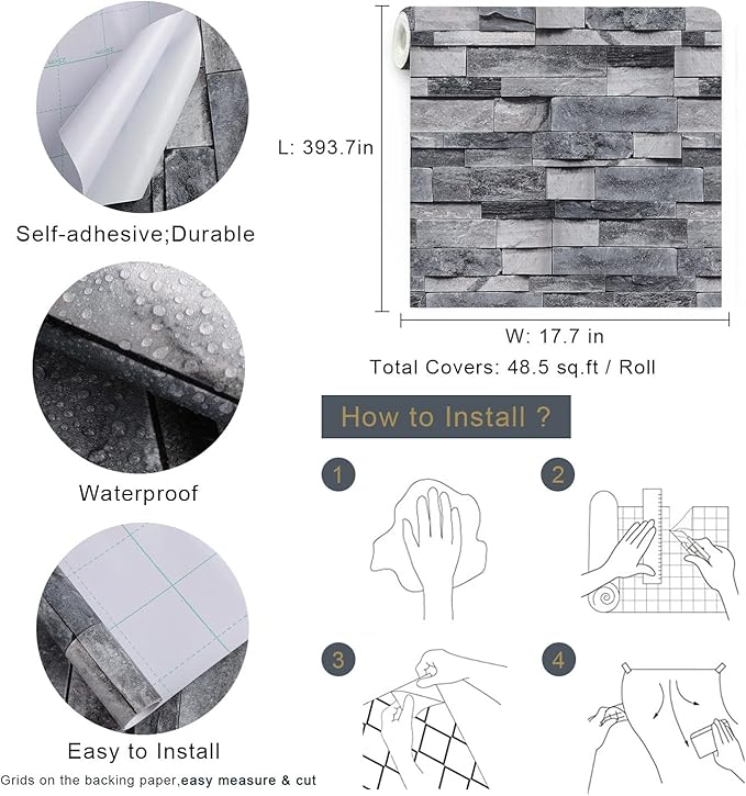 Timeet Grey Brick Wallpaper Peel and Stick Wallpaper Vintage Brick Wallpaper 17.7”X 393.7” Self-Adhesive Removable Wallpaper for Kitchen Bedroom Living Room Decoration