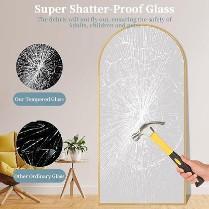 Full Length Mirror with Stand, 78"x38" Arched Full Body Mirror, Large Stand Up Mirrors, Aluminum Frame Floor Standing Mirrors, Freestanding Hanging Leaning Mounted for Bedroom Living Room, Gold