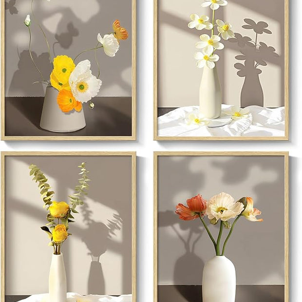 Framed Botanical Floral Wall Art, 4 Piece Yellow Flower Canvas Painting Prints Artwork for Walls, Modern Elegant Pictures for Living Room Bedroom Kitchen Hallway Dining Room Home Decor, 12x16 Inch