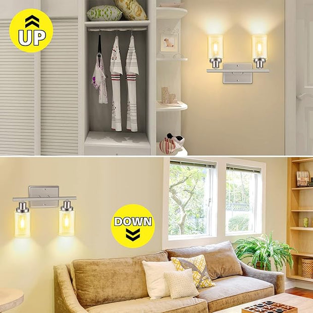 Ascher 2-Light Wall Sconces, Modern Vanity Light Fixture with Clear Glass Shade, Brushed Nickel Wall Light for Mirror Bedroom Hallway, E26 Base (Bulbs Not Included)