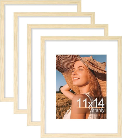 Vittanly 11x14 Picture Frame Set of 4, Display Pictures 8x10 with Mat or 11x14 without Mat, Engineered Wood with Shatter Resistant Plexiglass, Photo Frames for Wall or Tabletop Display, Natural Wood