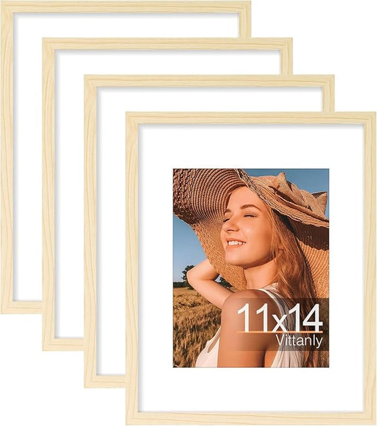 Vittanly 11x14 Picture Frame Set of 4, Display Pictures 8x10 with Mat or 11x14 without Mat, Engineered Wood with Shatter Resistant Plexiglass, Photo Frames for Wall or Tabletop Display, Natural Wood
