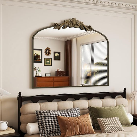 Vintage Wall Mirror, 30"x36" Arched Mirror for Vanity, Antique Decorative Mirrors with Carved Metal Frame for Bedroom, Living Room, Entryway, Fireplace, Hallway, Bronze