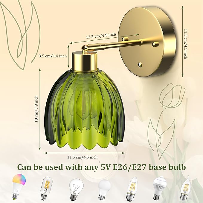 Wall Sconces Set of 2 Battery Operated | Tulip Glass Wall Lamps Rechargeable 5200mAh Wireless Wall Sconce Dimmable for Bedroom Living Room Hallway, Elegant Green Tulip Lampshade Wall Decor