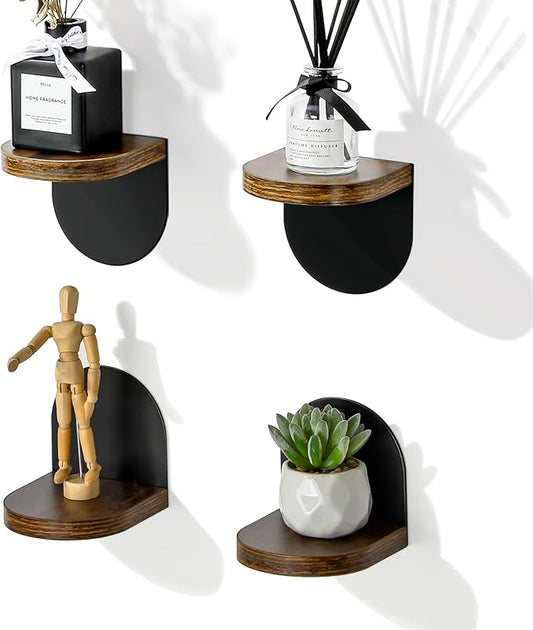 SAYAYO Small Floating Shelves for Wall Storage, 4 x 4 Inch Adhesive Wall Shelves for Bedroom Decor, Mini Display Wood Shelf Organizer with Black Base for Living Room, Office, Balcony, 4 Pcs