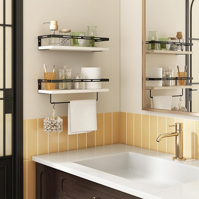 YGEOMER Floating Shelves for Bathroom Organizer Over Toilet, Wall Mounted Bathroom Shelves with Towel Bar, Wall Shelf for Bedroom Kitchen Living Room Storage (White-Black)