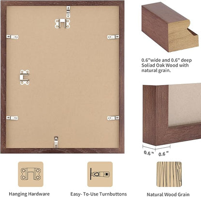 puthiac 11x14 Solid Oak Wood Picture Frame, Fits 8x10 with Mat or 11x14 Without Mat, Wall Display Only, Vertical or Horizontal, Plexi Front, 3 Pack, Walnut