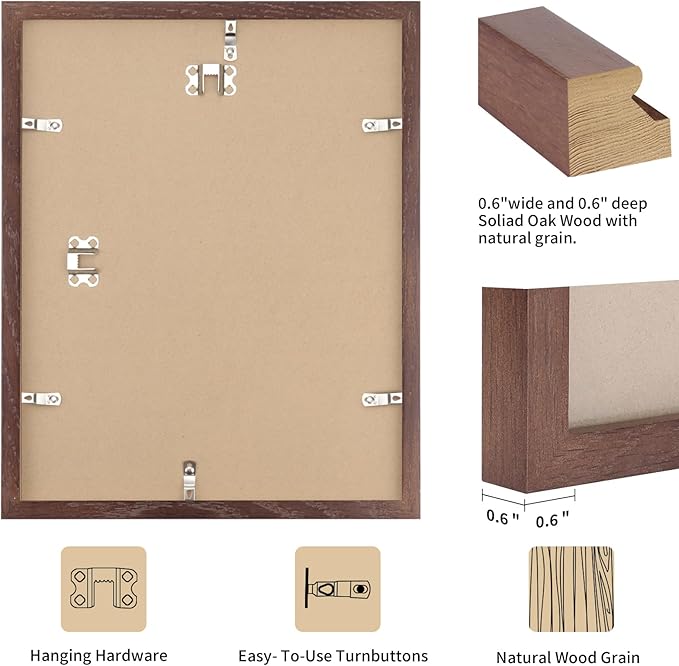 puthiac 12x16 Solid Oak Wood Picture Frame, Fits 8x12 with Mat or 12x16 Without Mat, Wall Display Only, Vertical or Horizontal, Plexi Front, 3 Pack, Walnut