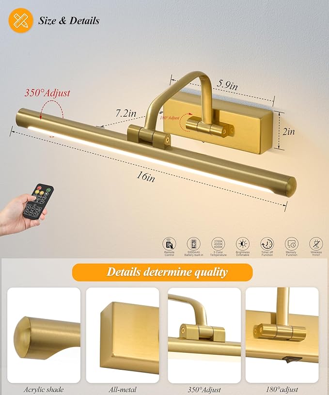 Wireless Picture Light for Wall, Rechargeable Light for Pictures with Remote & Timer, 16 Inch Dimmable Gold Art Light for Paintings, Battery Operated LED Wall Light with 3CCT for Gallery