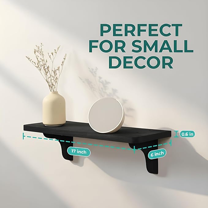 Real Wood Black Shelves for Wall - 17 inch (3 Pack) - Easy to Install, Template and Video Included - Black Wall Shelf, Mounted Wall Shelves, Bedroom Shelves